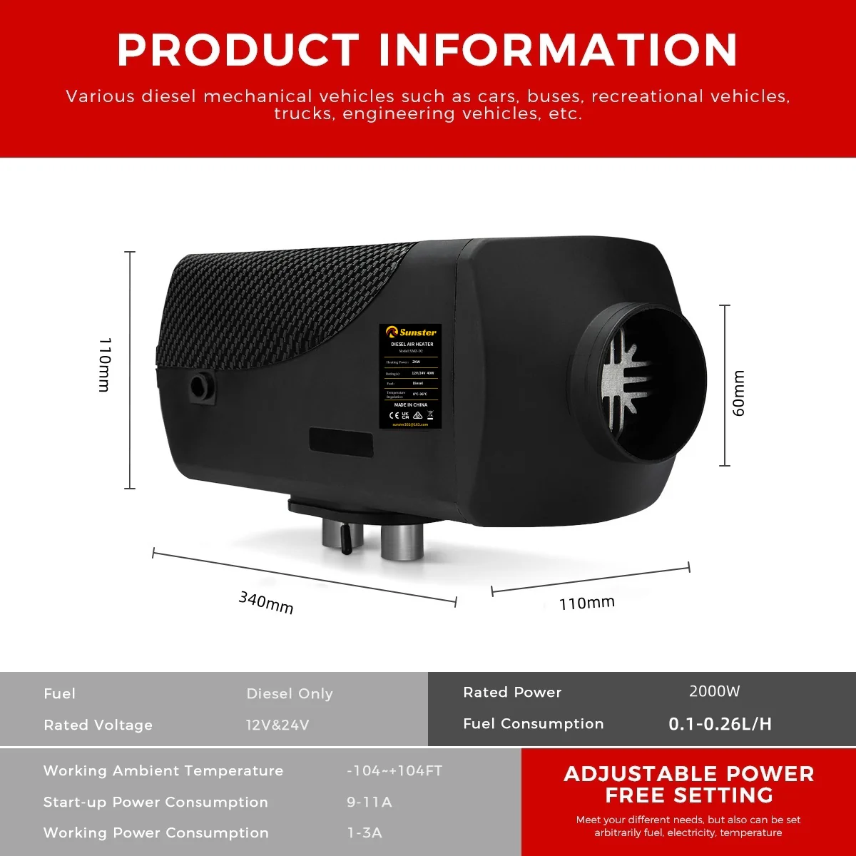 Sunster A2200BS Diesel Heater 2KW 12/24V, Traditional Bluetooth Version - Image 7