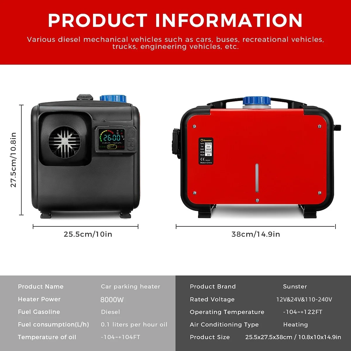 Sunster A2200BH Diesel Heater 8KW 12/24V 110-240V, All In One Bluetooth Version - Image 3