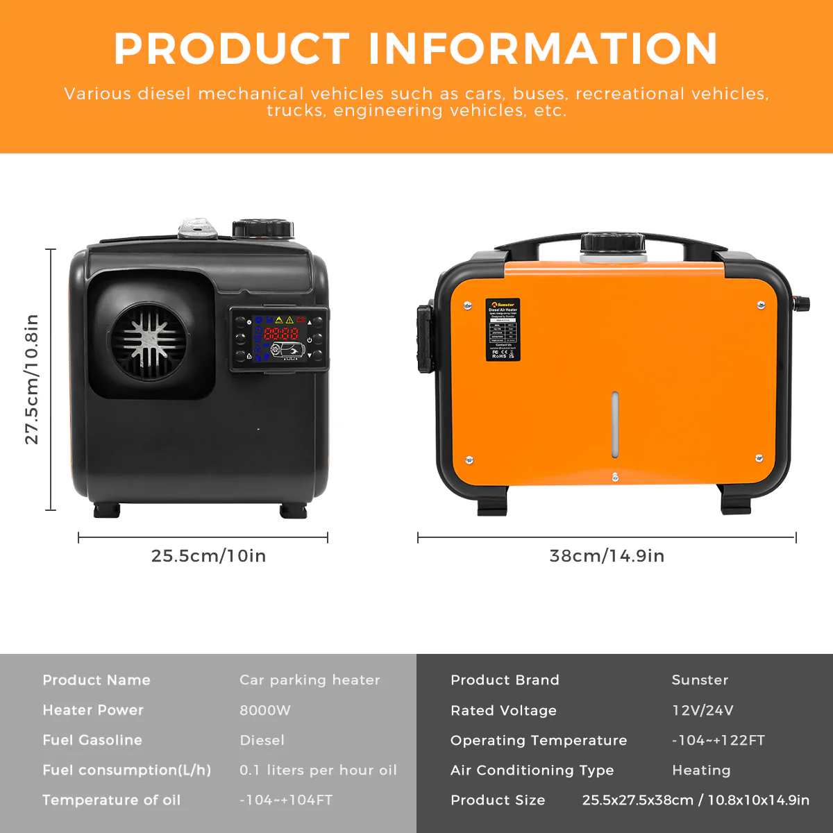 Sunster A2013H Diesel Heater 8KW 12/24V, All in One Classic Version - Image 3