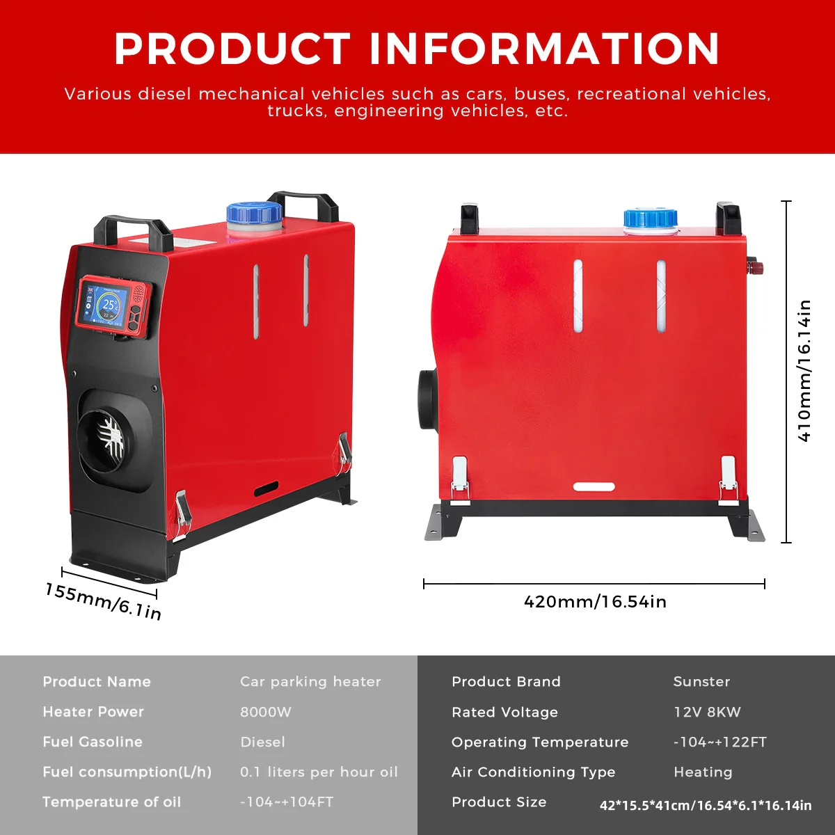 Sunster A2171V Diesel Heater 8KW 12V, All in One Classic Version - Image 3